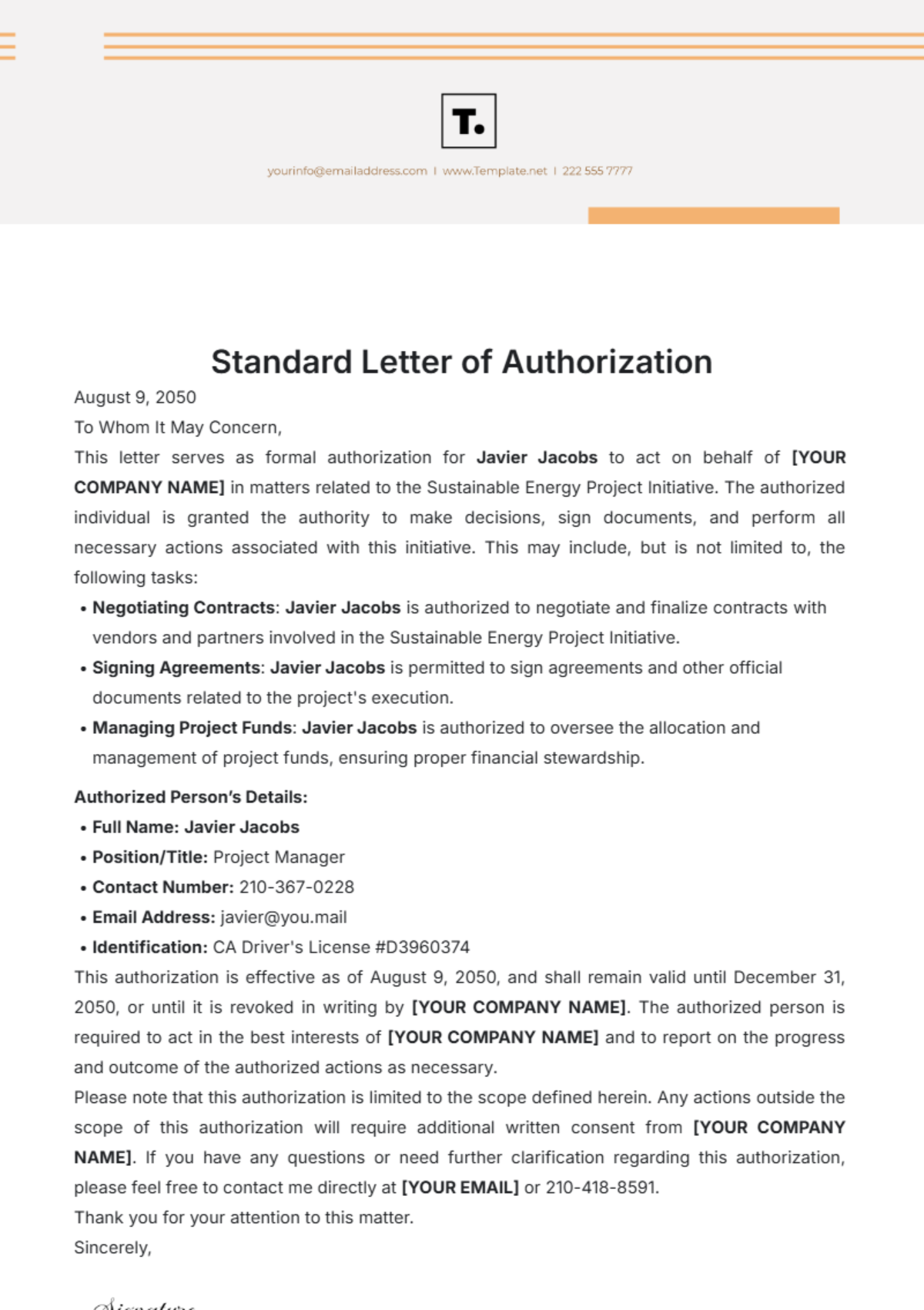 Standard Letter of Authorization Template - Edit Online & Download