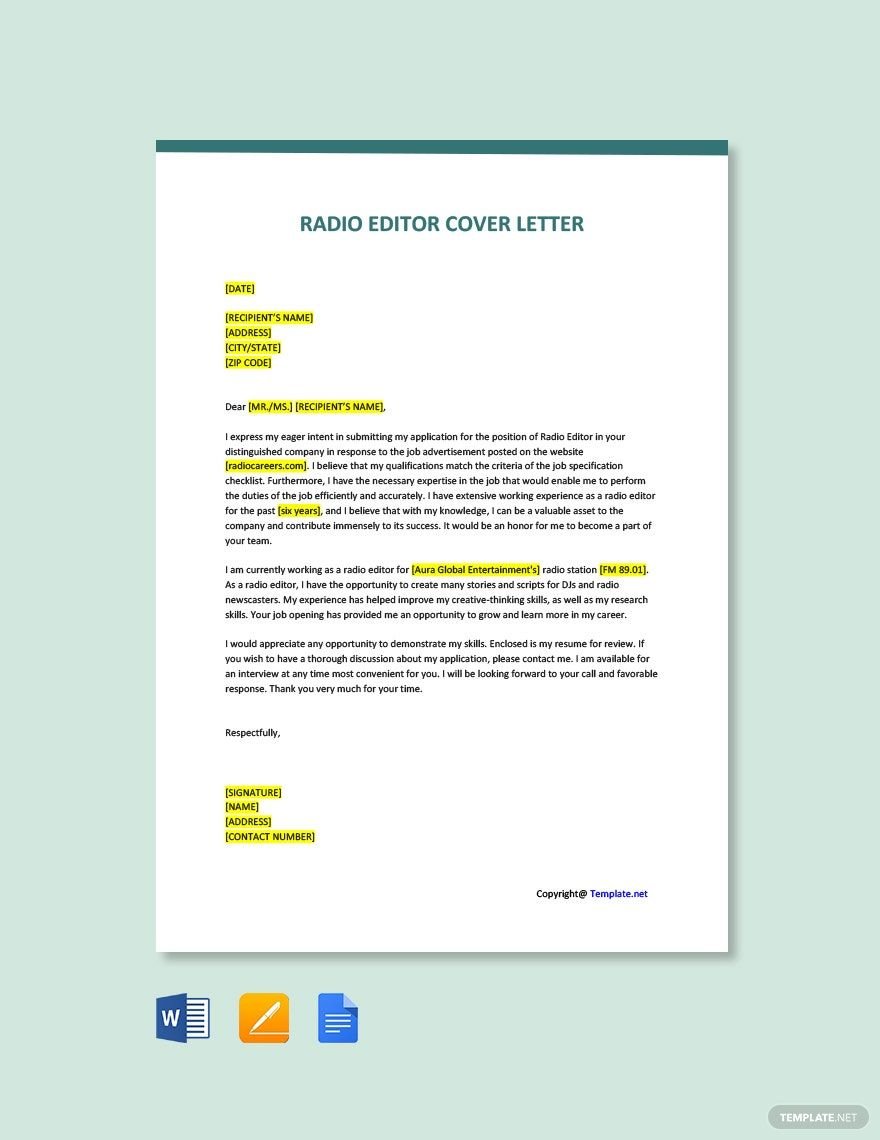 Radio Editor Cover Letter in Word, Google Docs, Apple Pages
