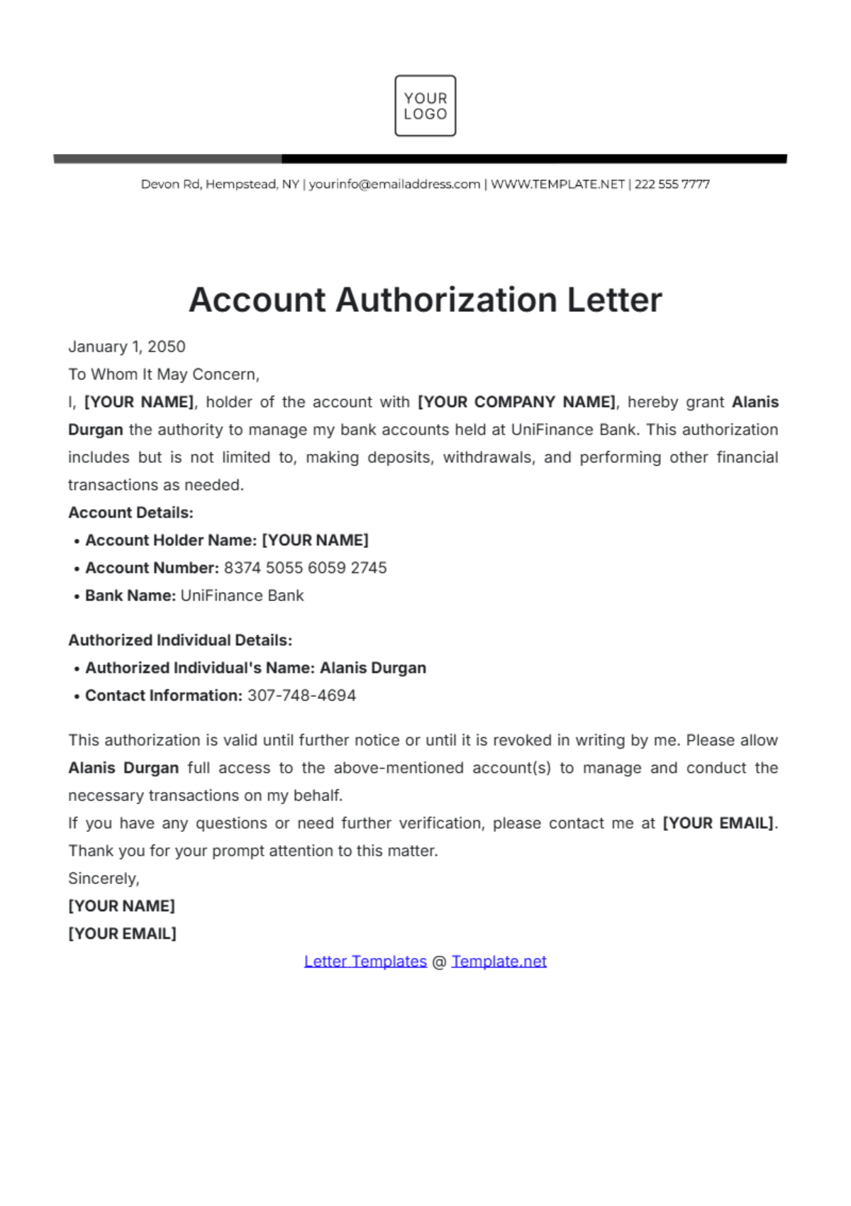 Account Authorization Letter Template - Edit Online & Download