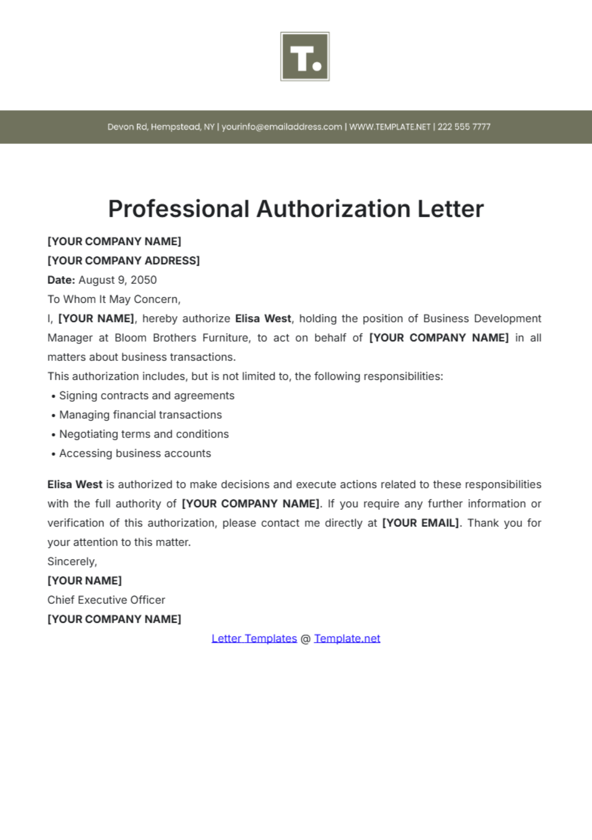 Professional Authorization Letter Template - Edit Online & Download