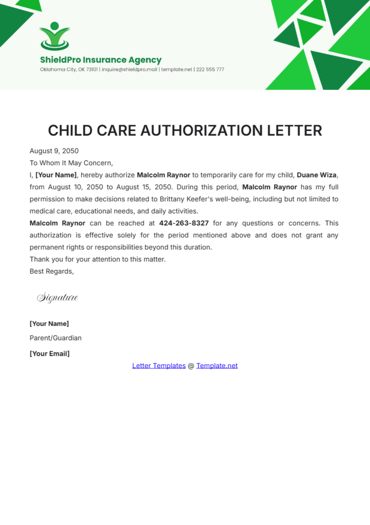 Child Care Authorization Letter Template - Edit Online & Download