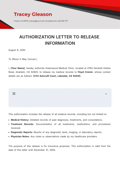 Free Authorization Letter to Release Information Template to Edit Online