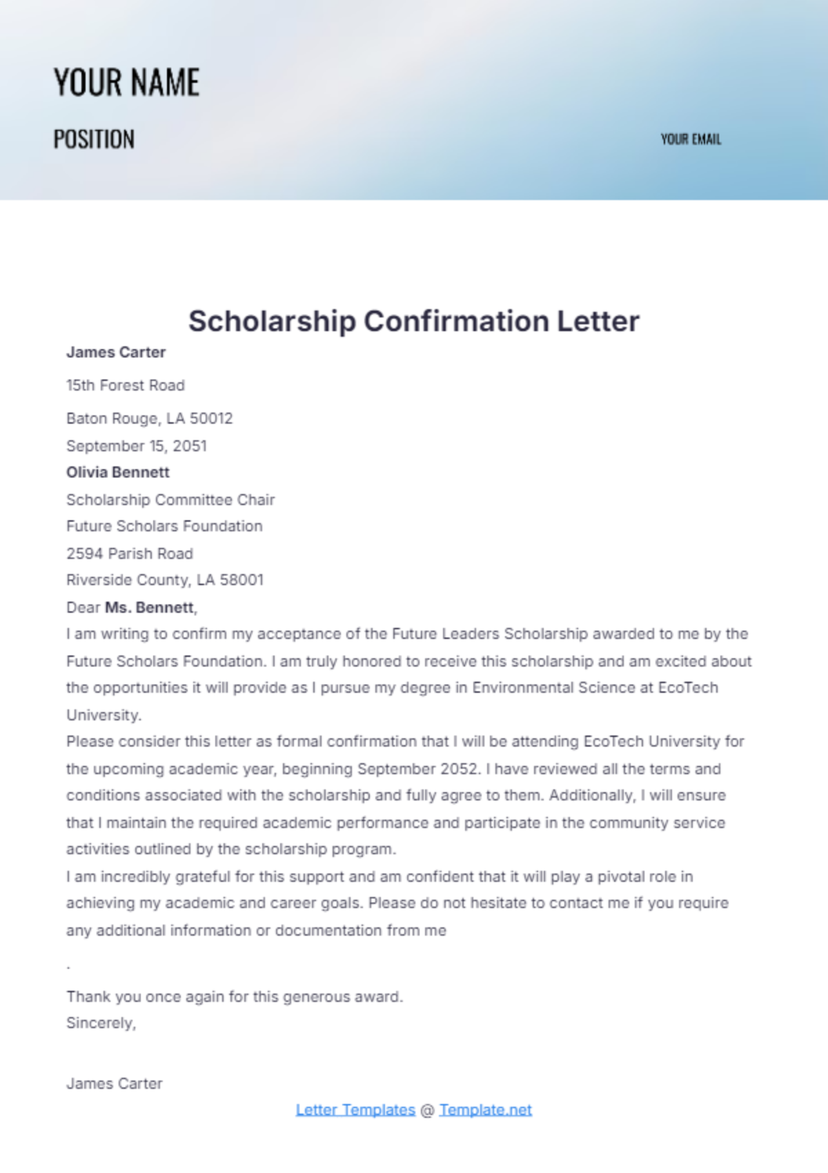 Scholarship Confirmation Letter Template - Edit Online & Download