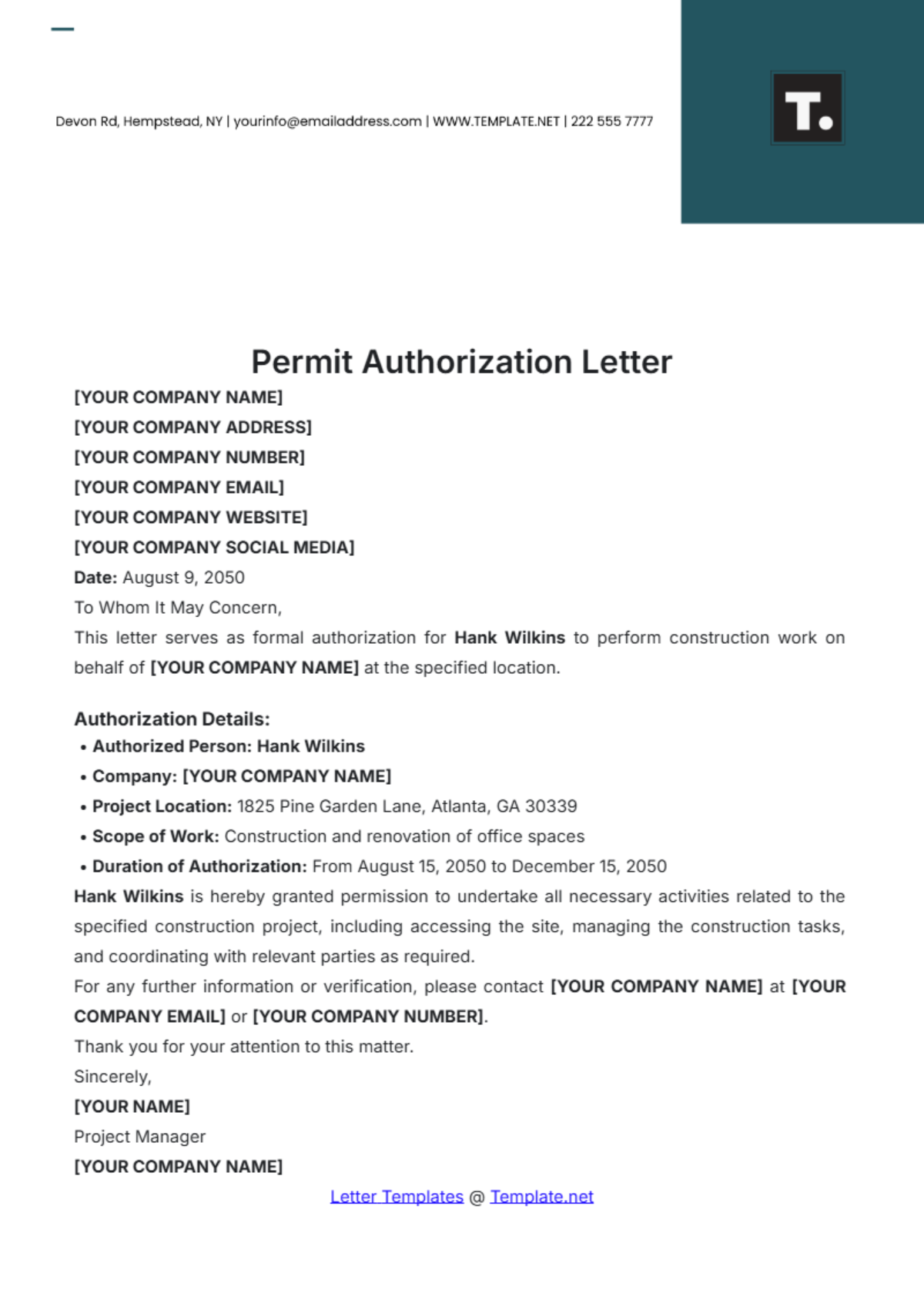 Free Permit Authorization Letter Template - Edit Online & Download ...