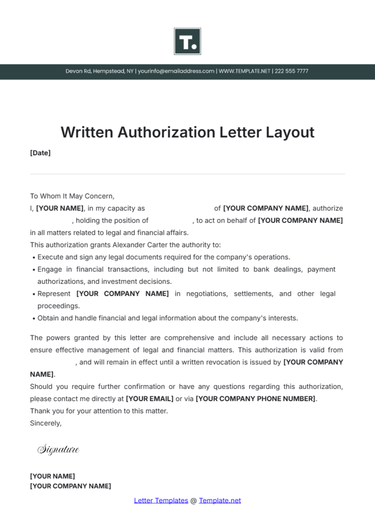 Written Authorization Letter Layout Template - Edit Online & Download