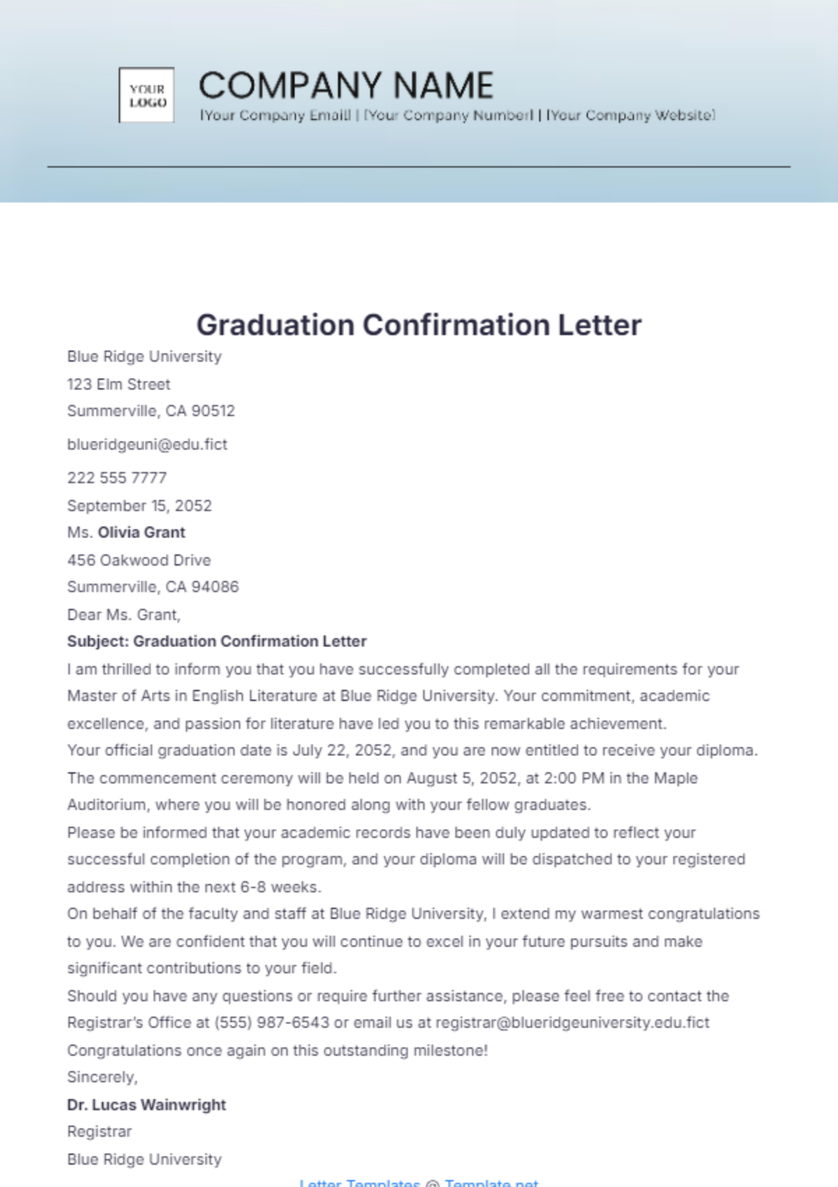 Graduation Confirmation Letter Template - Edit Online & Download