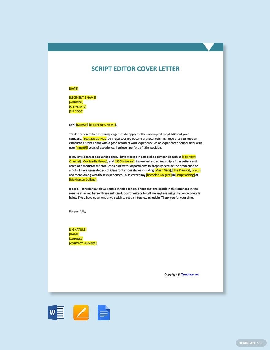Free Script Editor Cover Letter in Word, Google Docs, PDF, Apple Pages