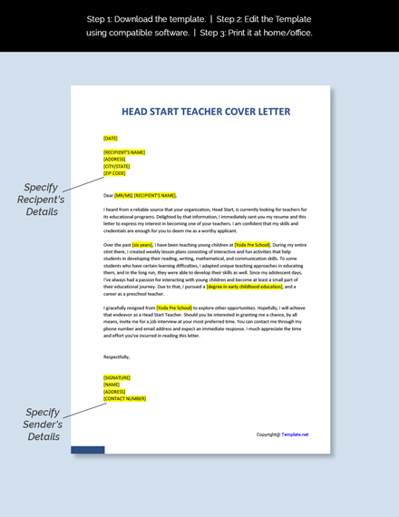 Head Start Teacher Cover Letter Template