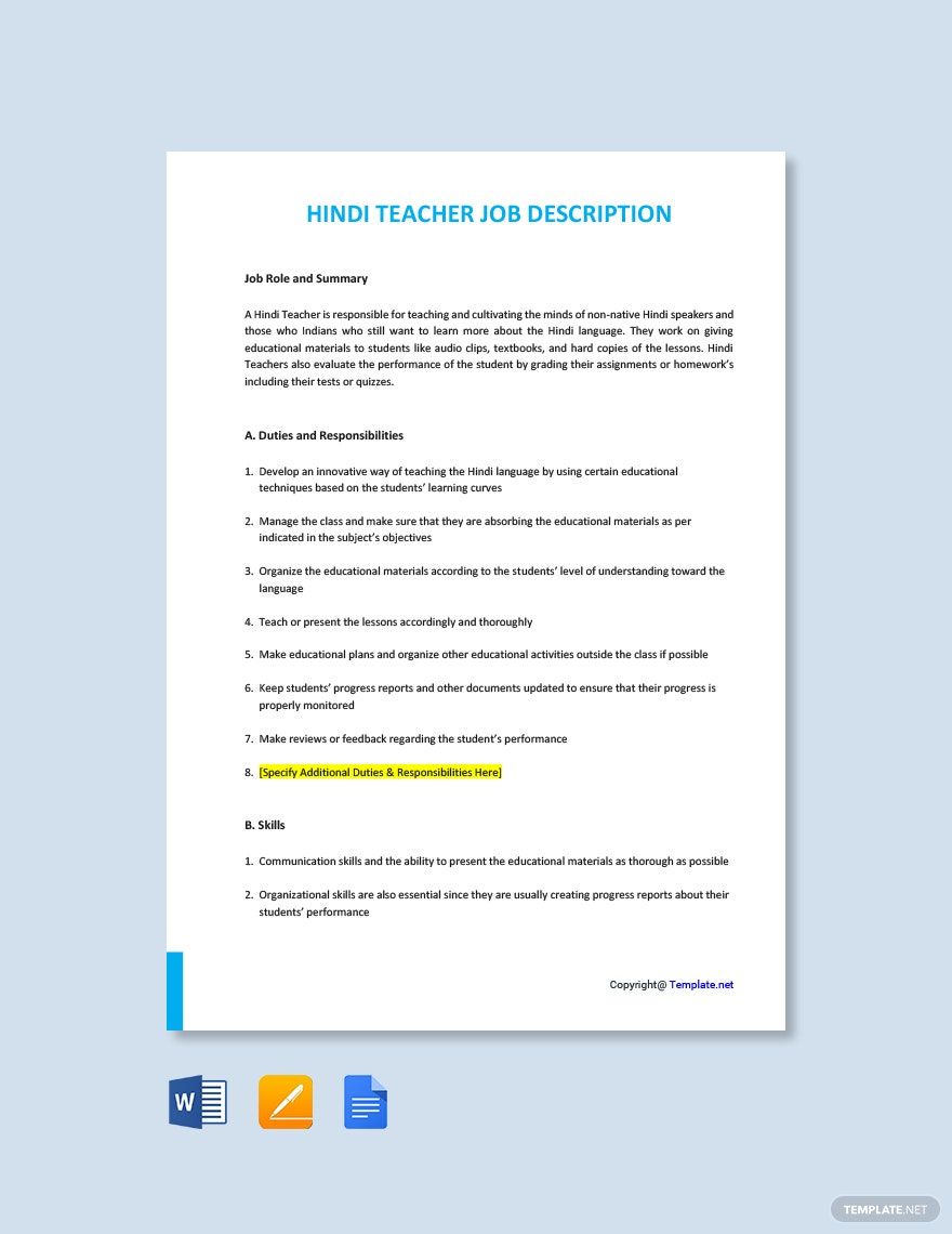 Free Hindi Teacher Job Description Google Docs Word Apple Pages PDF Template