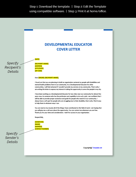 Developmental Educator Cover Letter Template - Google Docs, Word, Apple ...