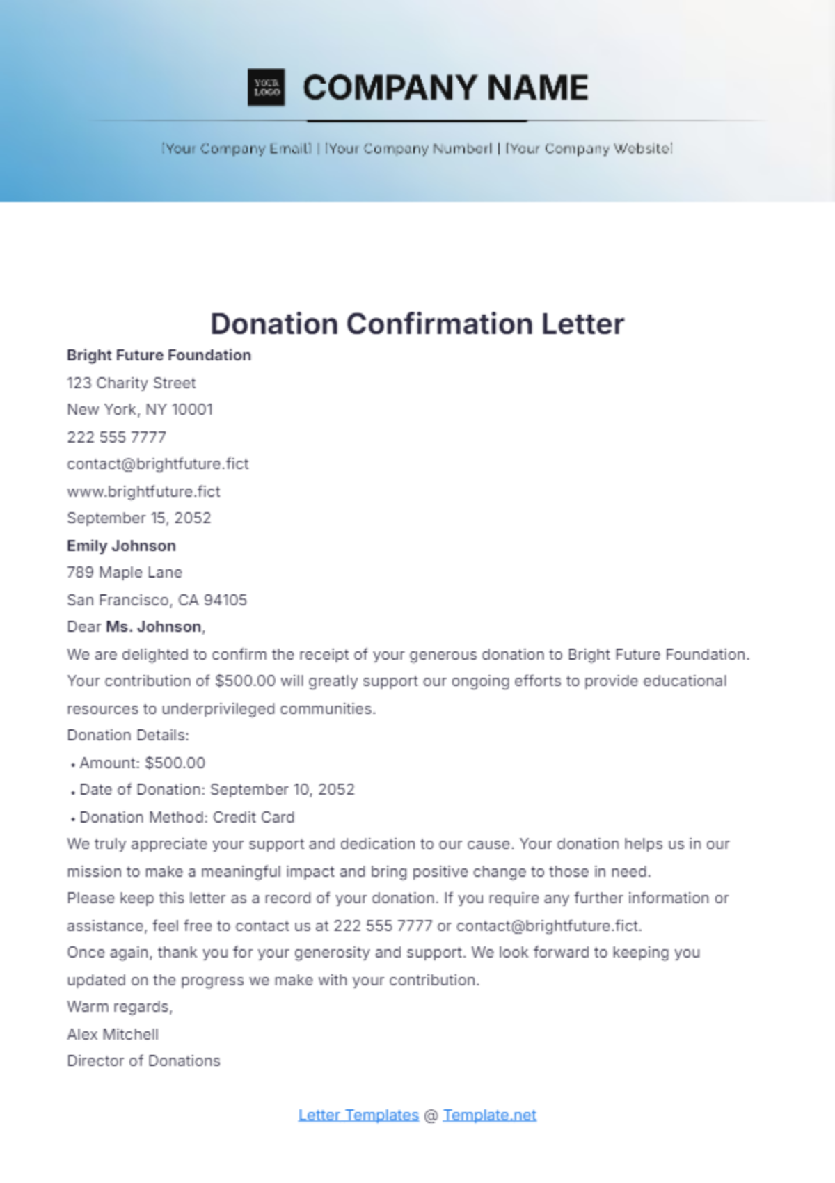 Donation Confirmation Letter Template - Edit Online & Download