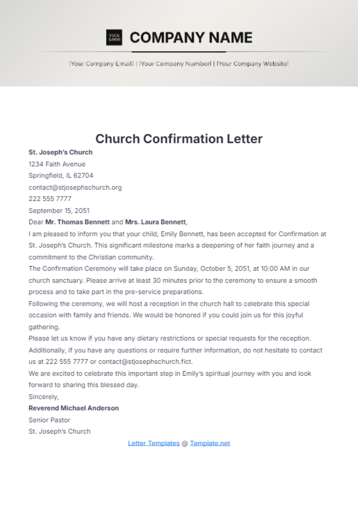 Church Confirmation Letter Template - Edit Online & Download