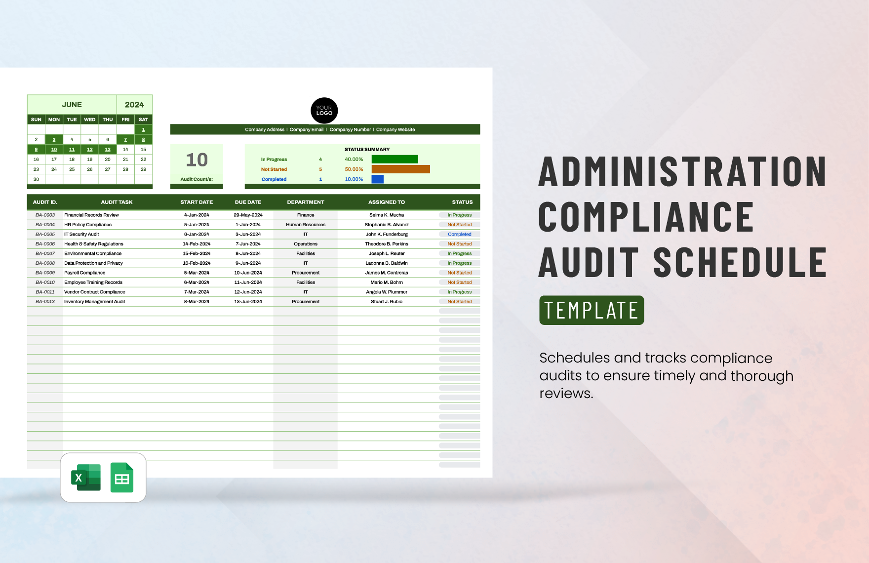 Administration Compliance Audit Schedule Template in Excel, Google Sheets