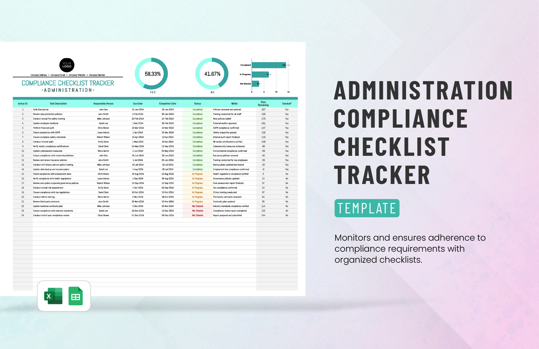 Administration Compliance Checklist Tracker Template in Excel, Google Sheets