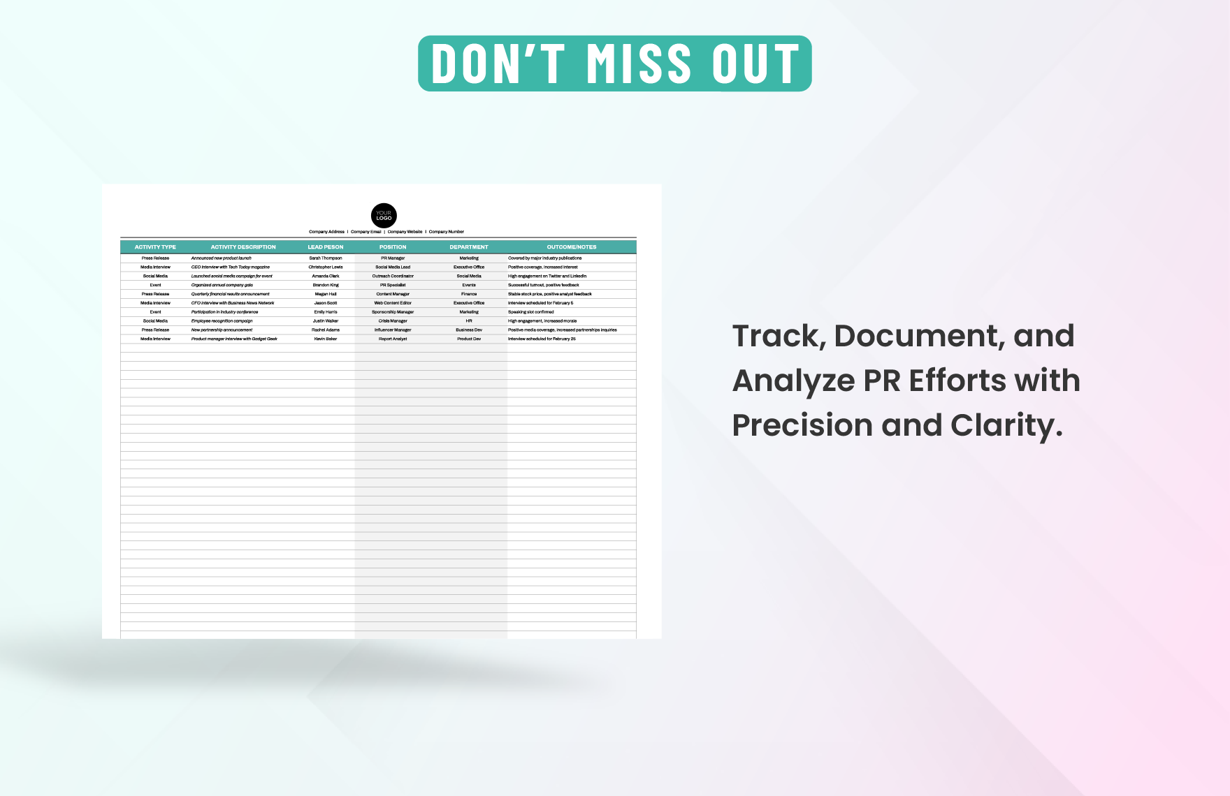 Administration Public Relations Activity Log Template