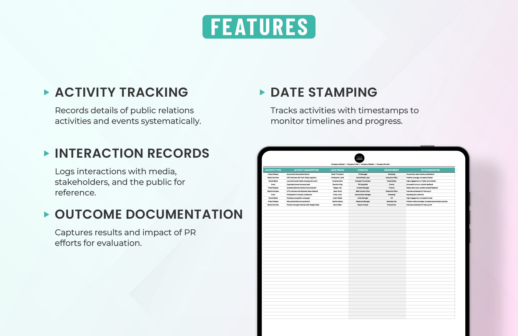 Administration Public Relations Activity Log Template