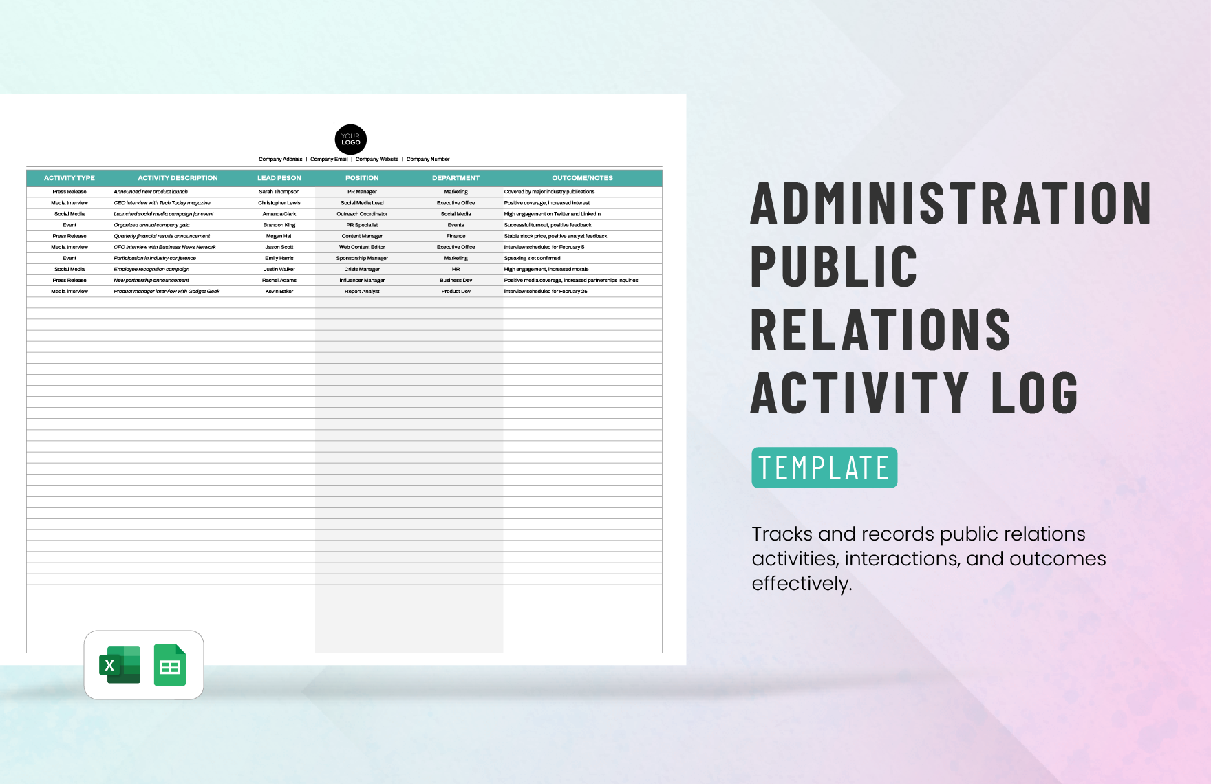 Administration Public Relations Activity Log Template in Excel, Google Sheets