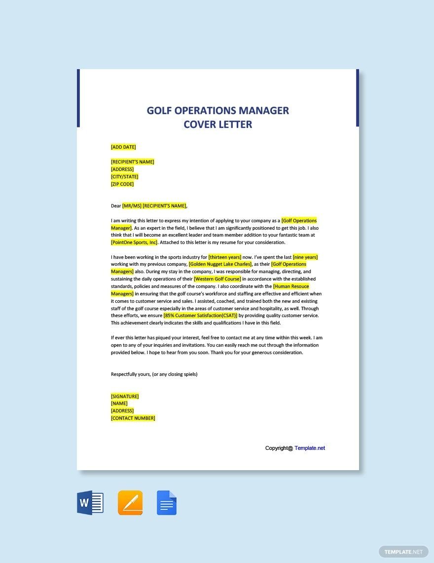Golf Operations Manager Cover Letter
