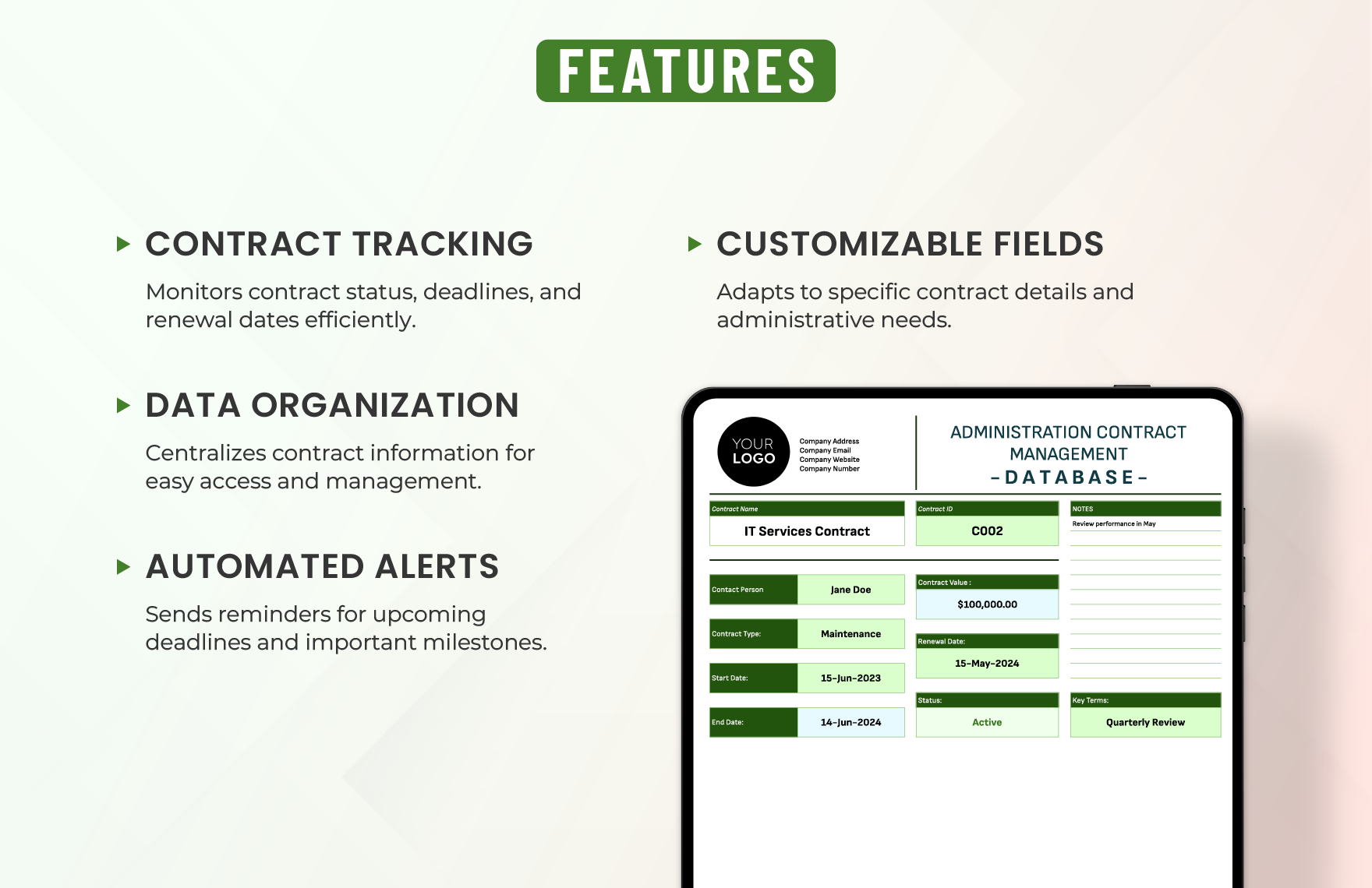 Administration Contract Management Database Template