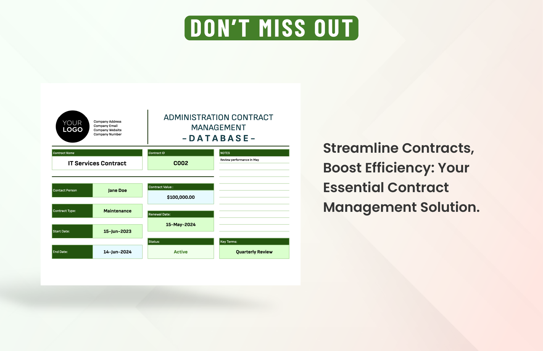 Administration Contract Management Database Template