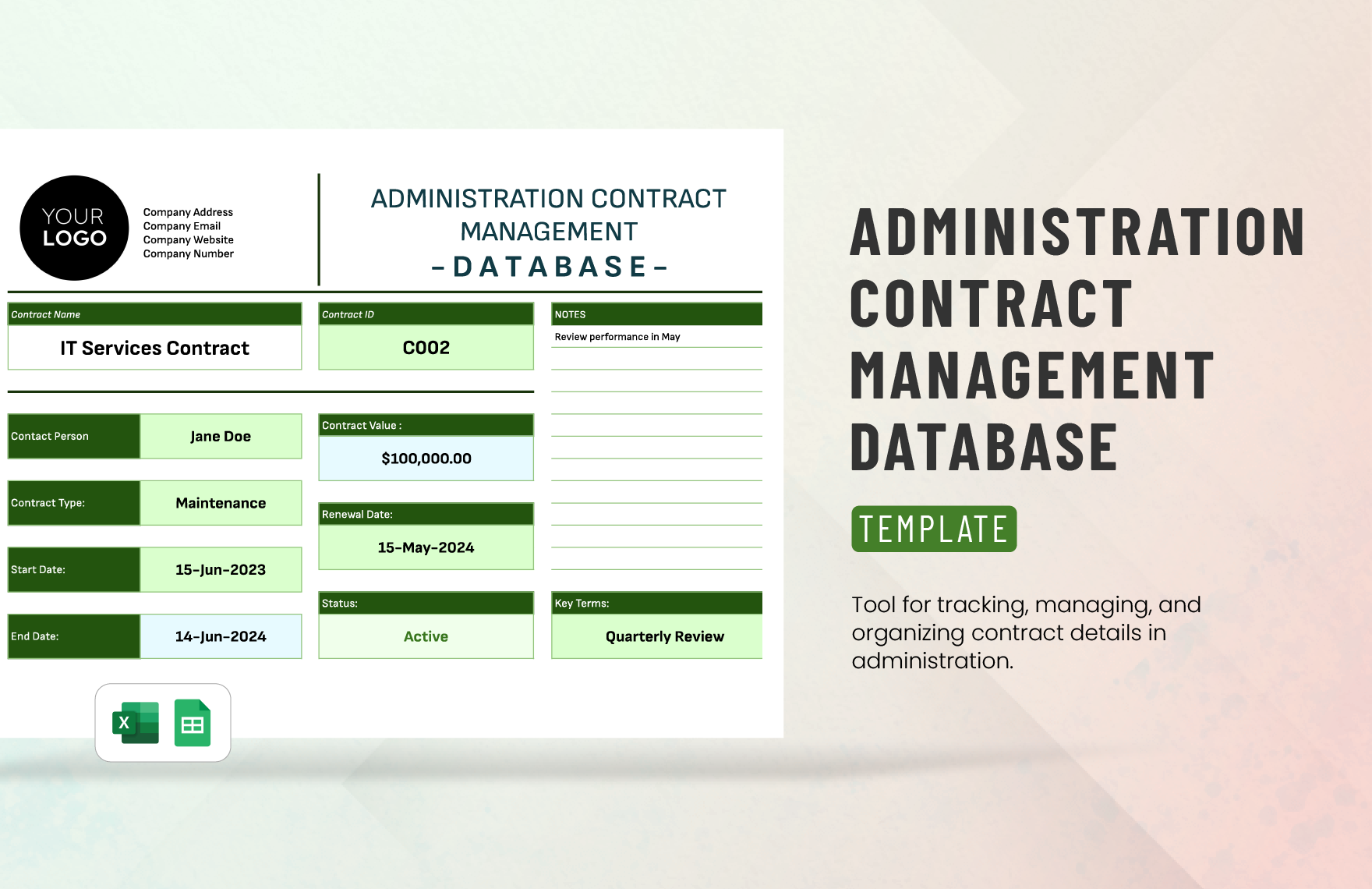 Administration Contract Management Database Template in Excel, Google Sheets