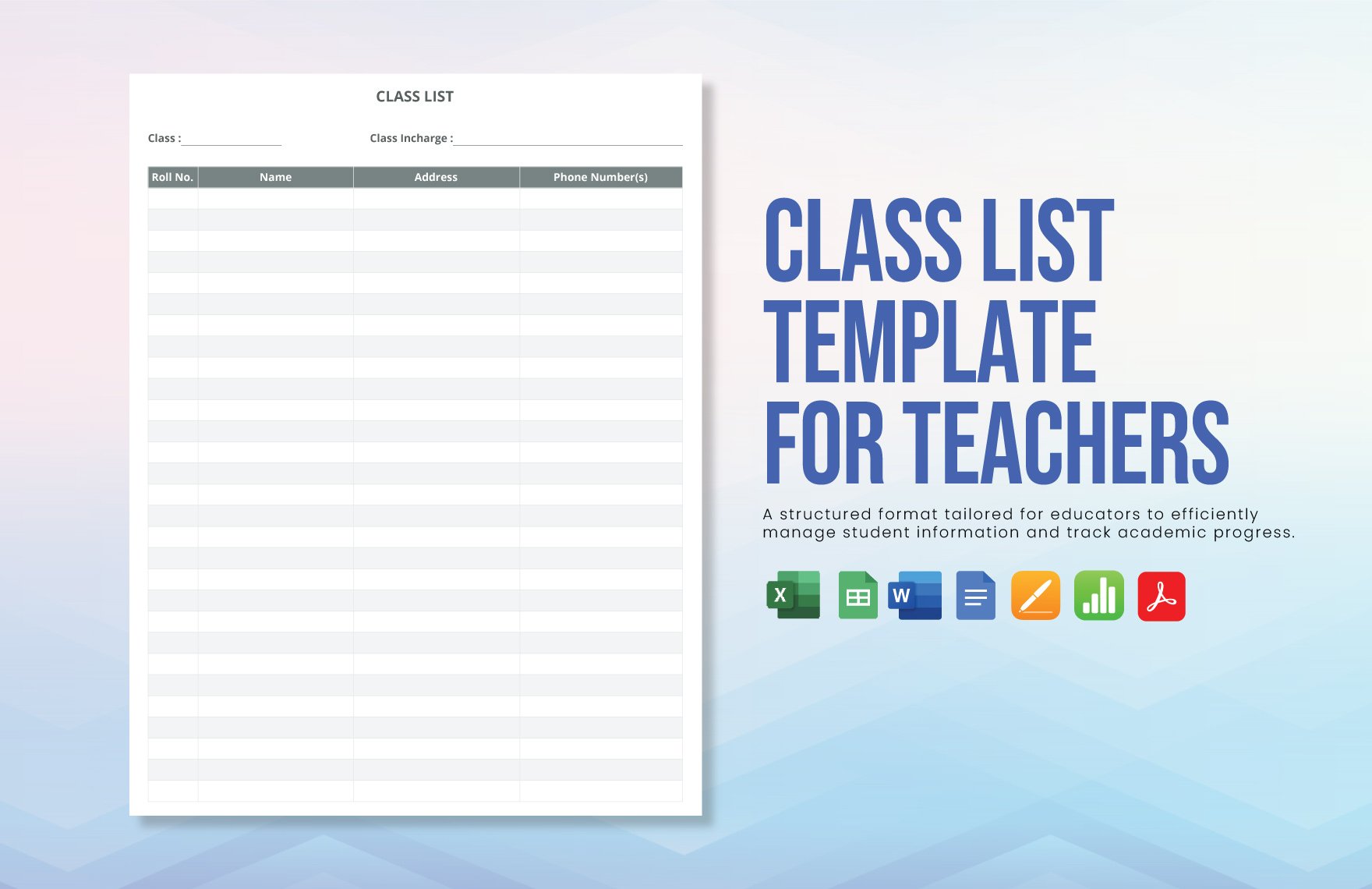 Class List Template for Teachers in Word, Google Docs, Excel, PDF, Google Sheets, Apple Pages, Apple Numbers