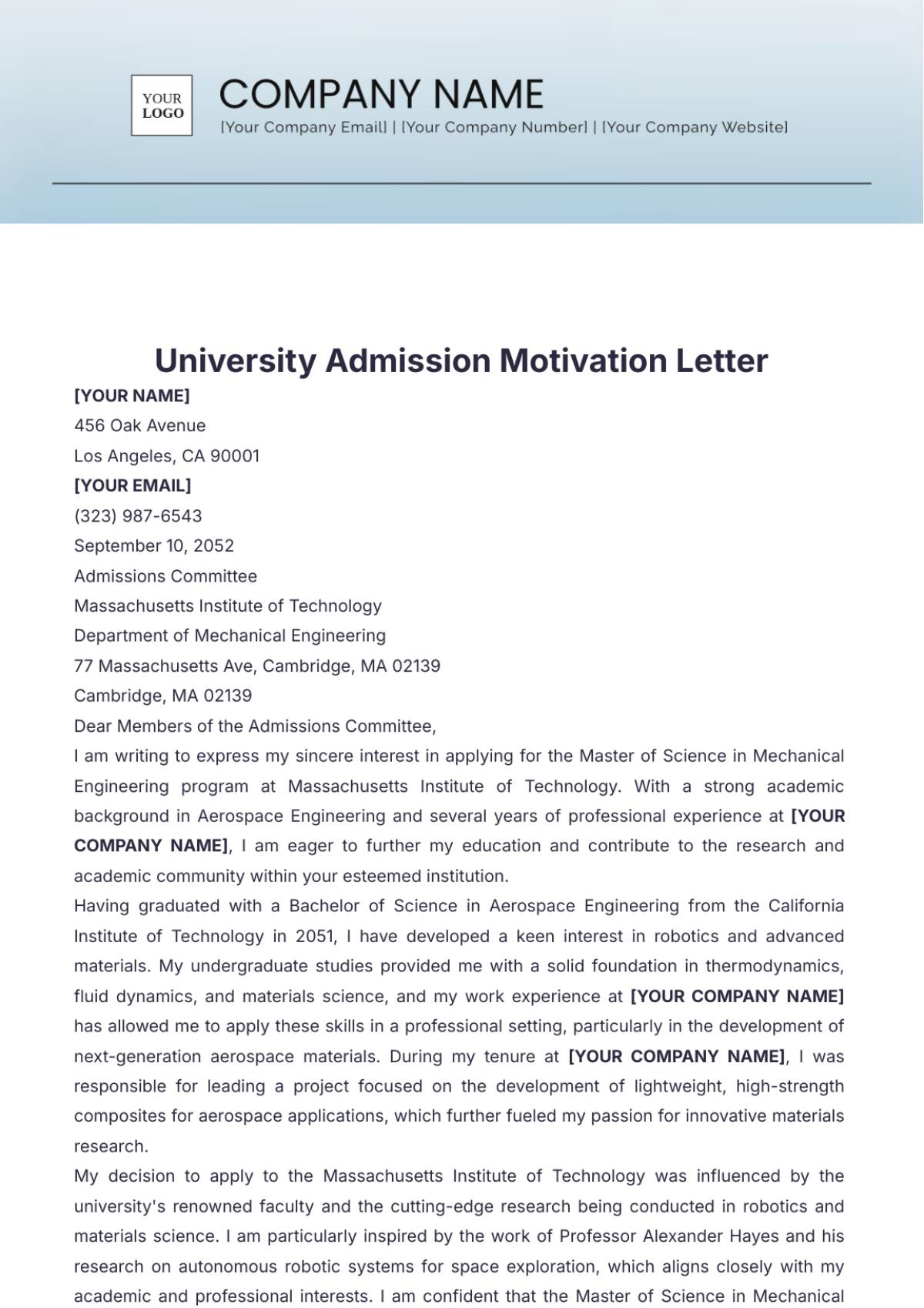 University Admission Motivation Letter Template - Edit Online & Download