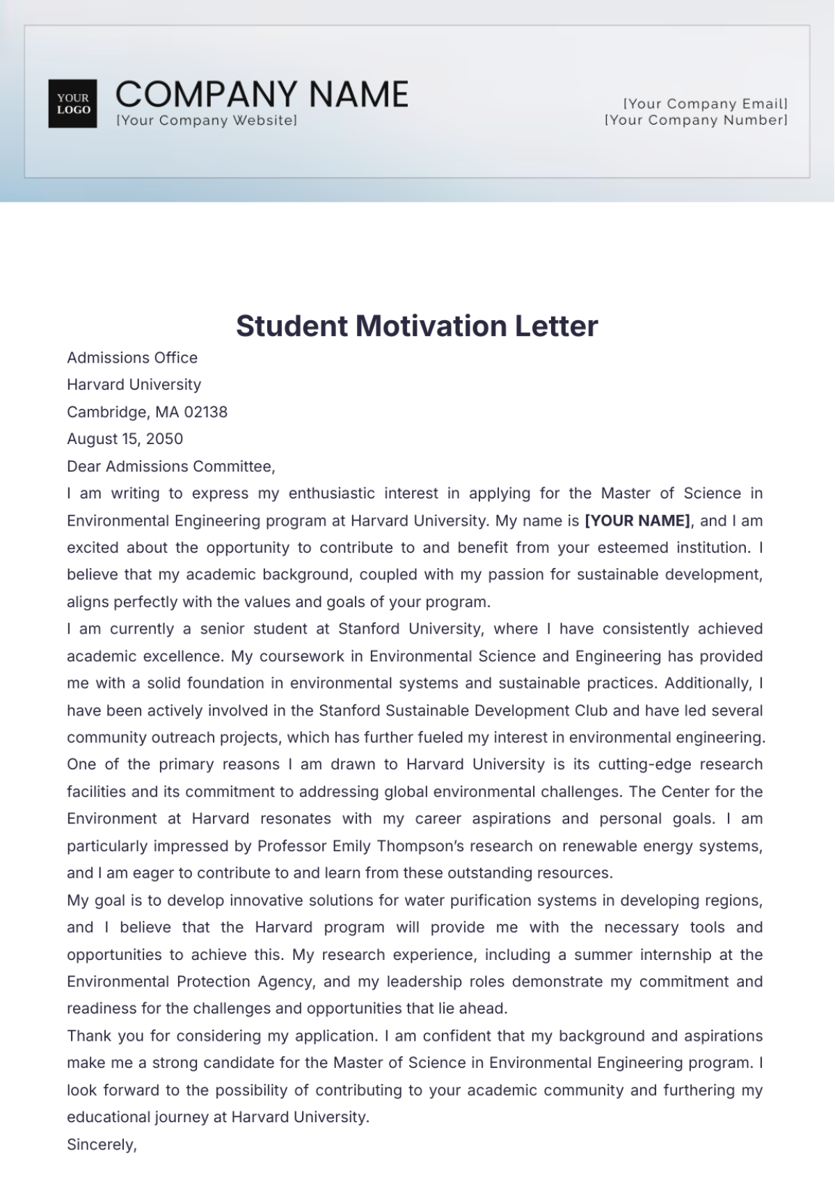 Student Motivation Letter Template - Edit Online & Download