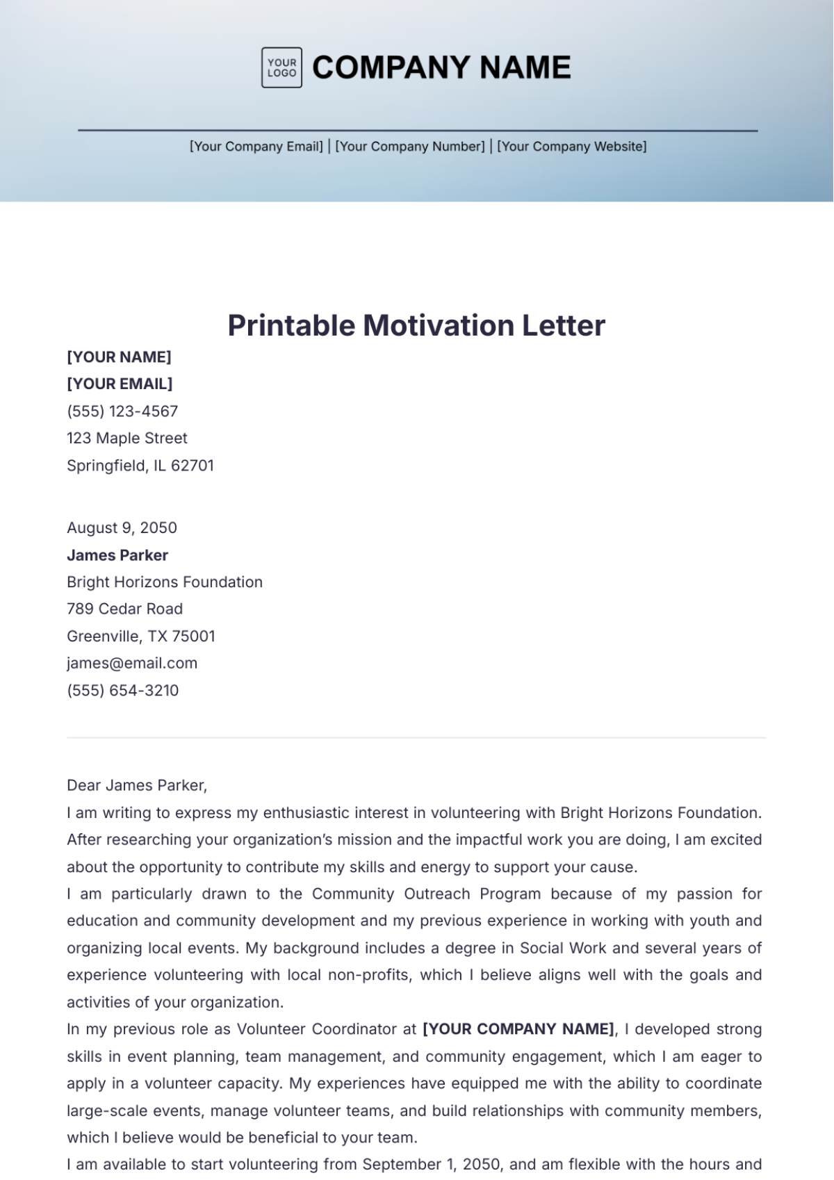 Printable Motivation Letter Template - Edit Online & Download