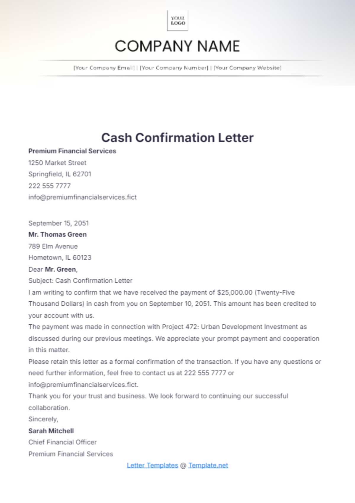 Cash Confirmation Letter Template - Edit Online & Download