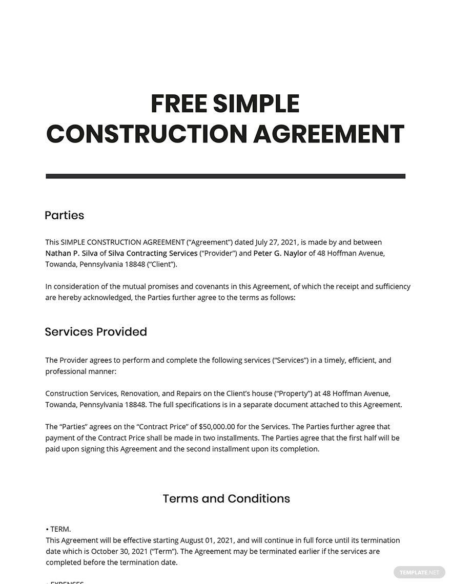 Free Simple Construction Agreement Template
