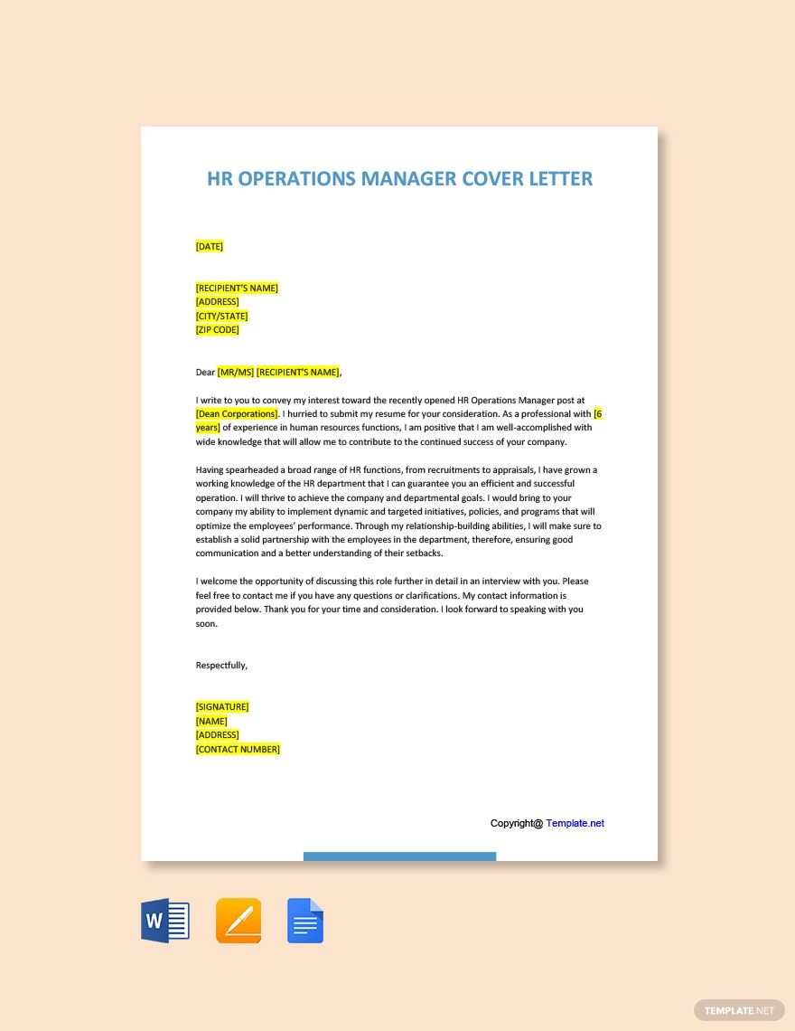 HR Operations Manager Cover Letter Template Google Docs Word 