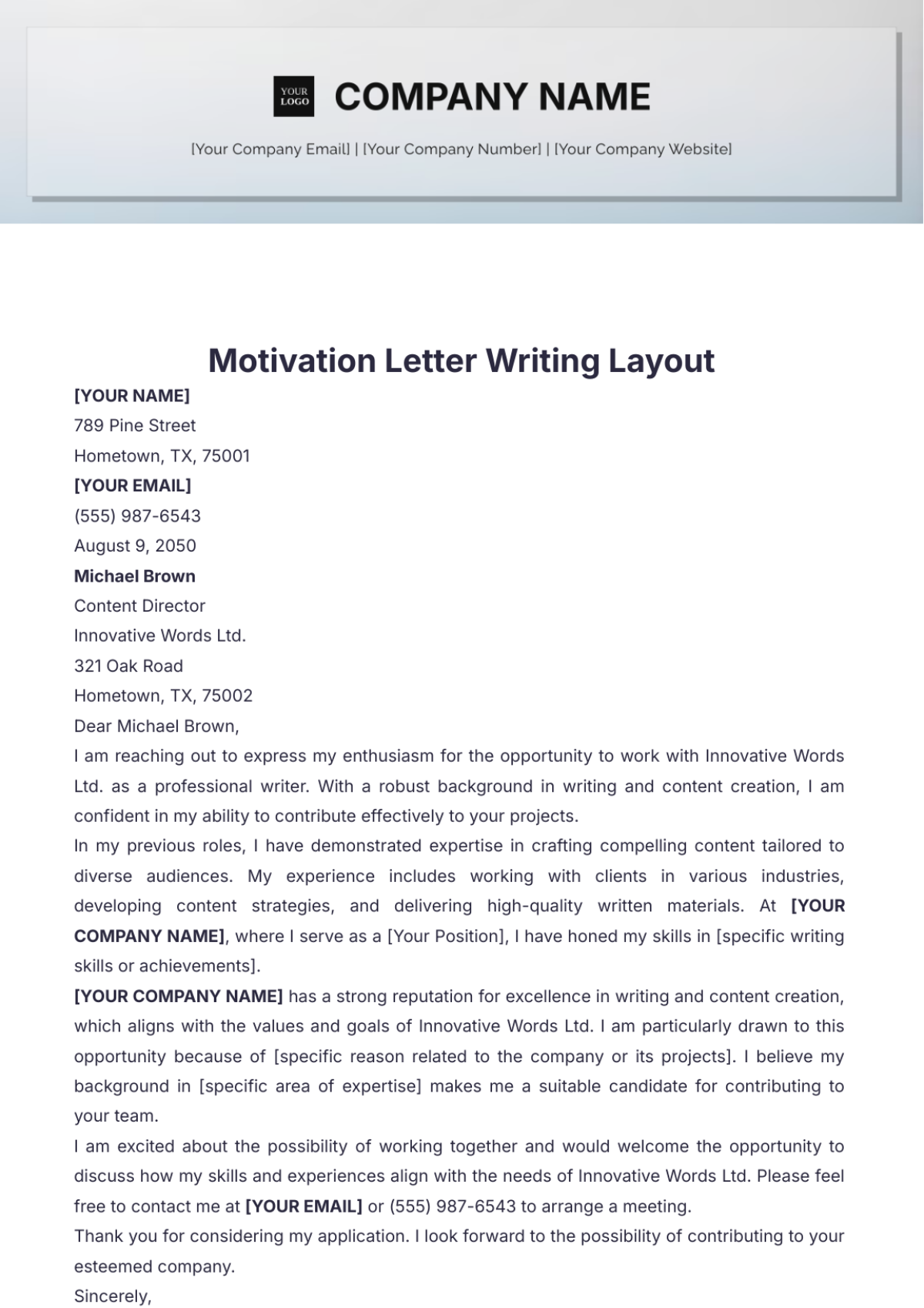 Motivation Letter Writing Layout Template - Edit Online & Download