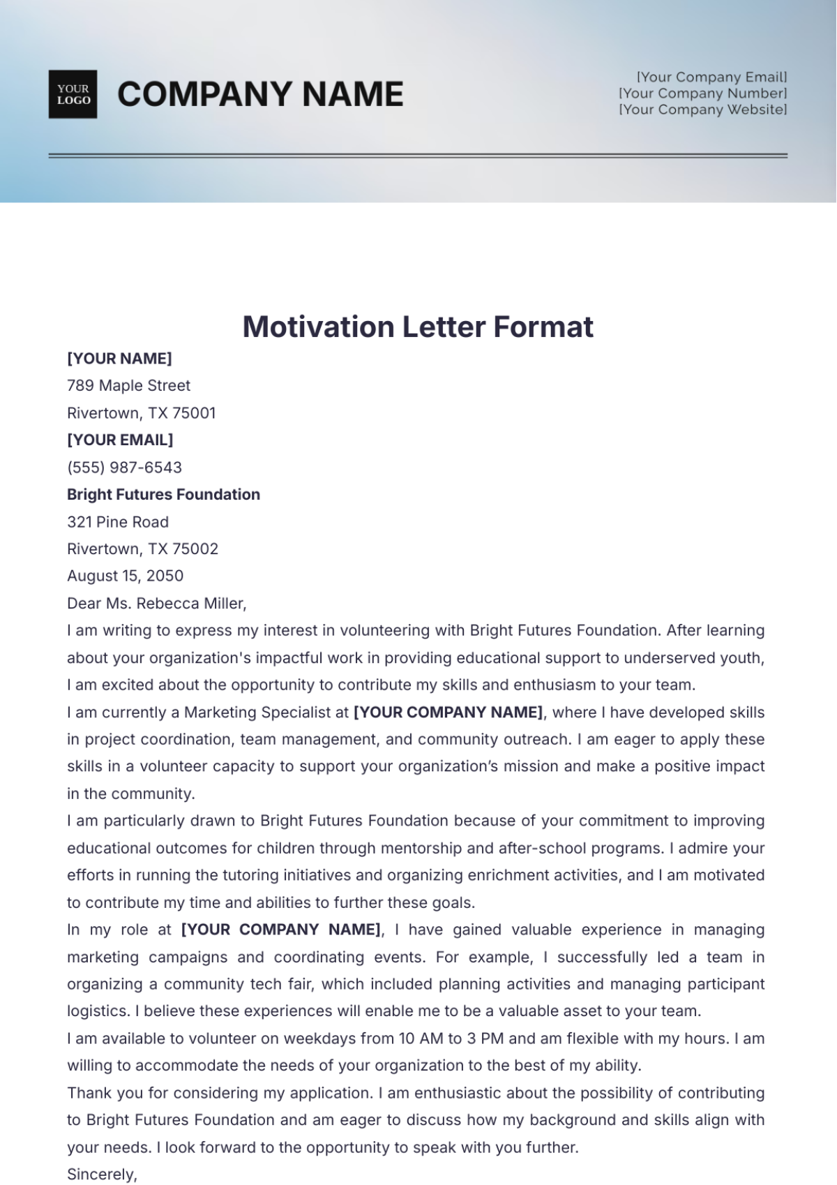 Motivation Letter Format Template - Edit Online & Download