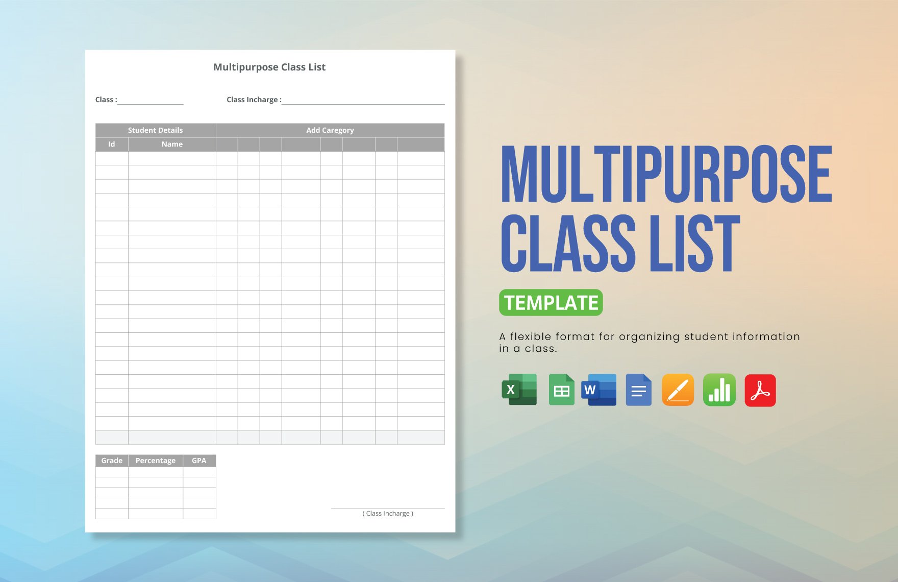 Multipurpose Class List Template in Word, Google Docs, Excel, PDF, Google Sheets, Apple Pages, Apple Numbers