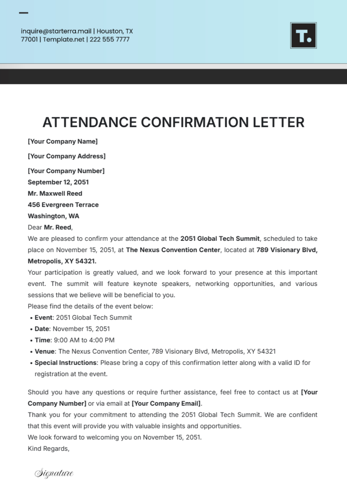 Attendance Confirmation Letter Template - Edit Online & Download