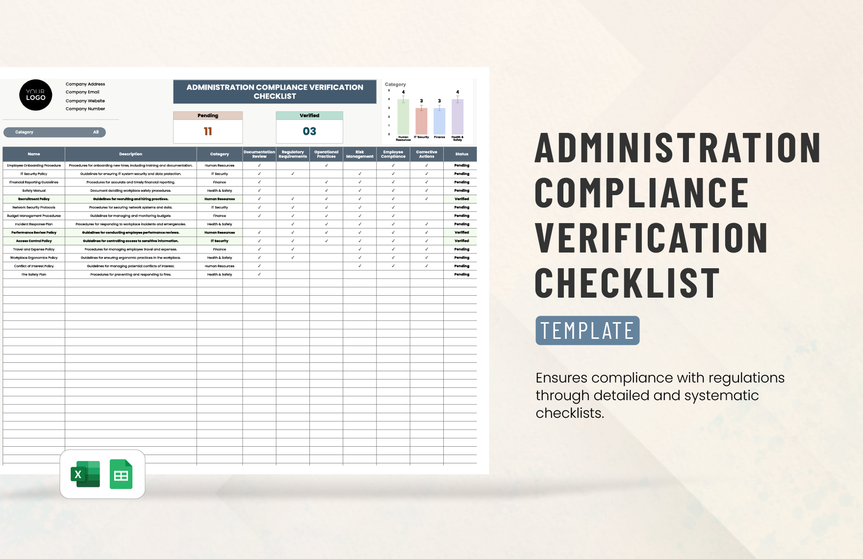 Administration Compliance Verification Checklist Template in Excel, Google Sheets