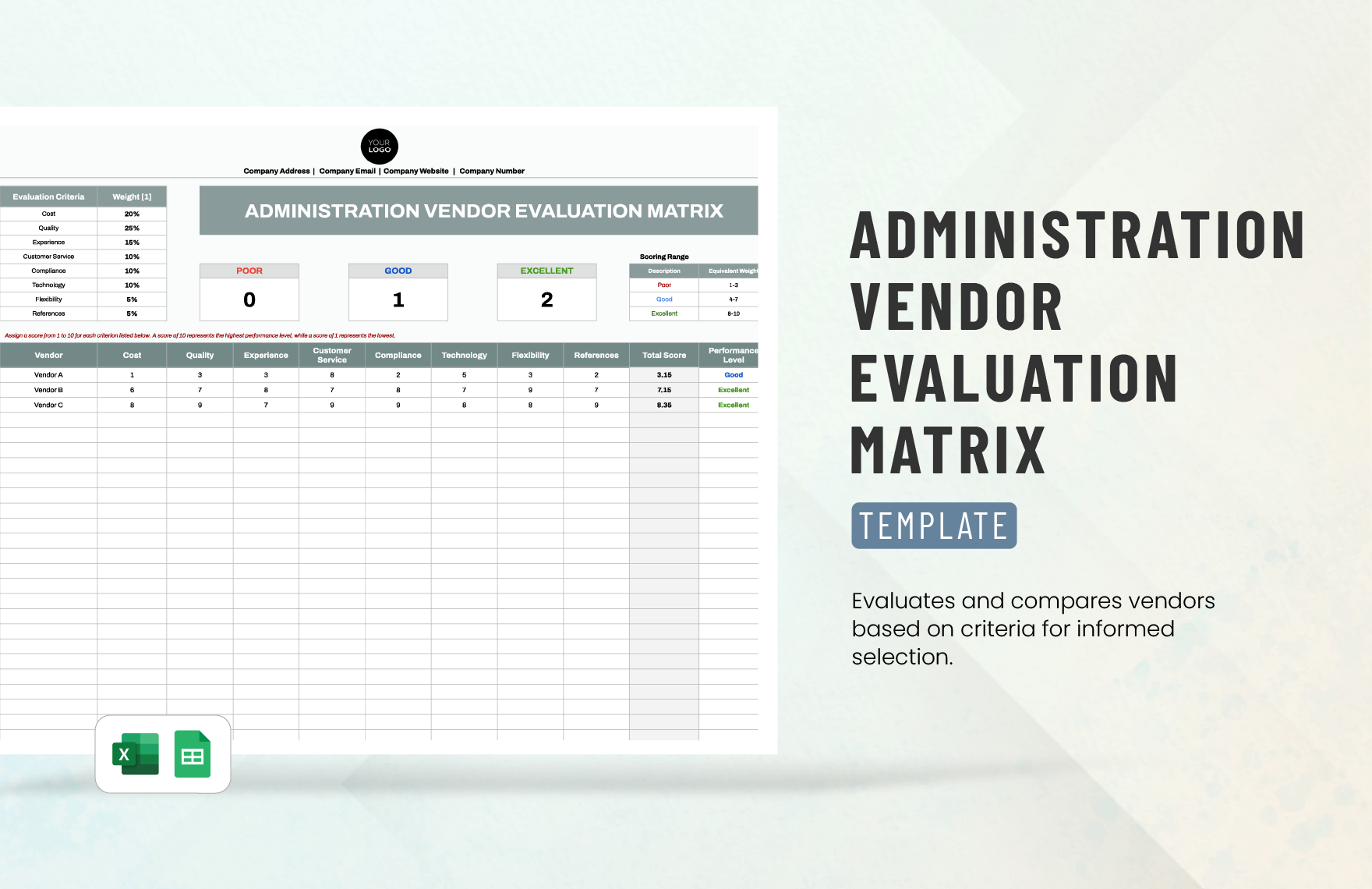 Administration Vendor Evaluation Matrix Template in Excel, Google Sheets - Download | Template.net