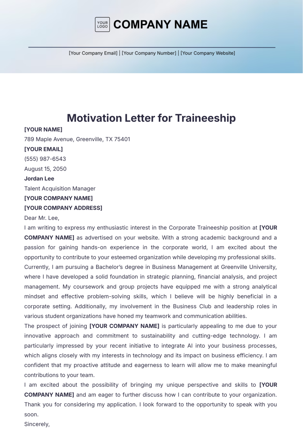 Motivation Letter for Traineeship Template - Edit Online & Download