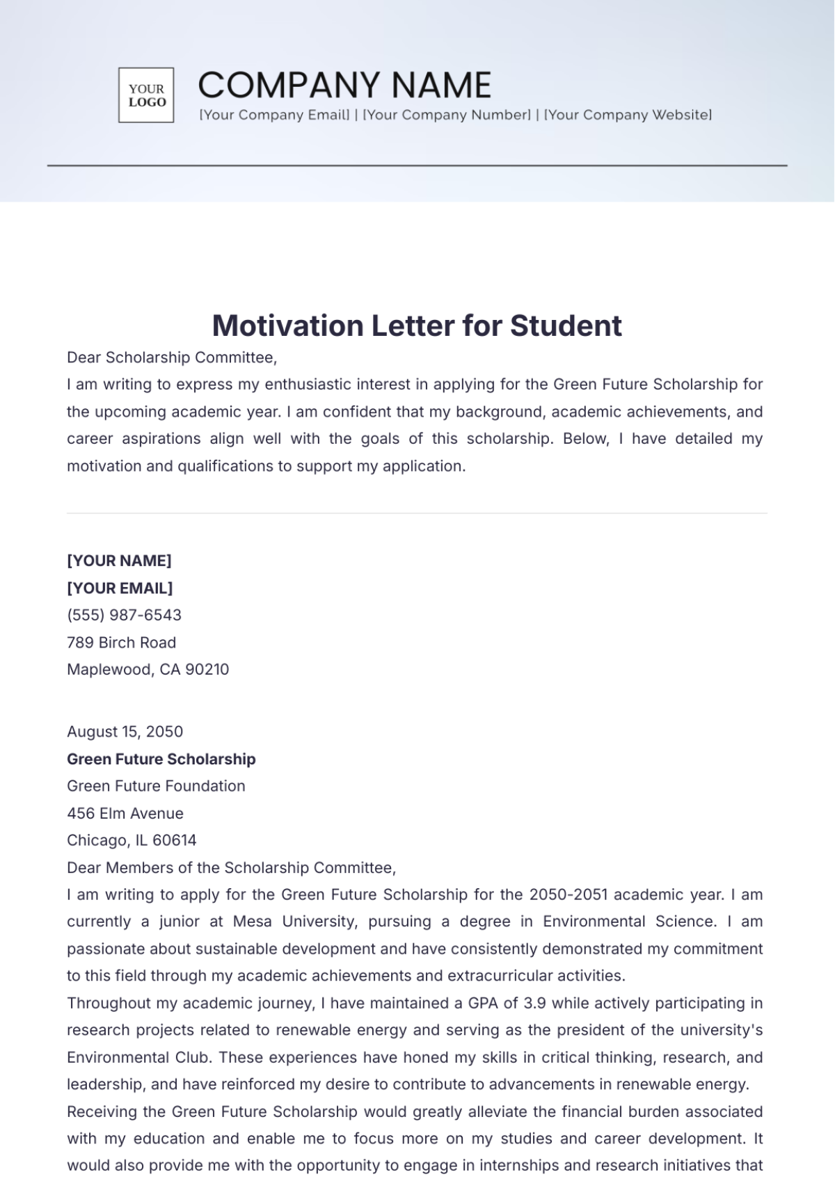 Motivation Letter for Student Template - Edit Online & Download