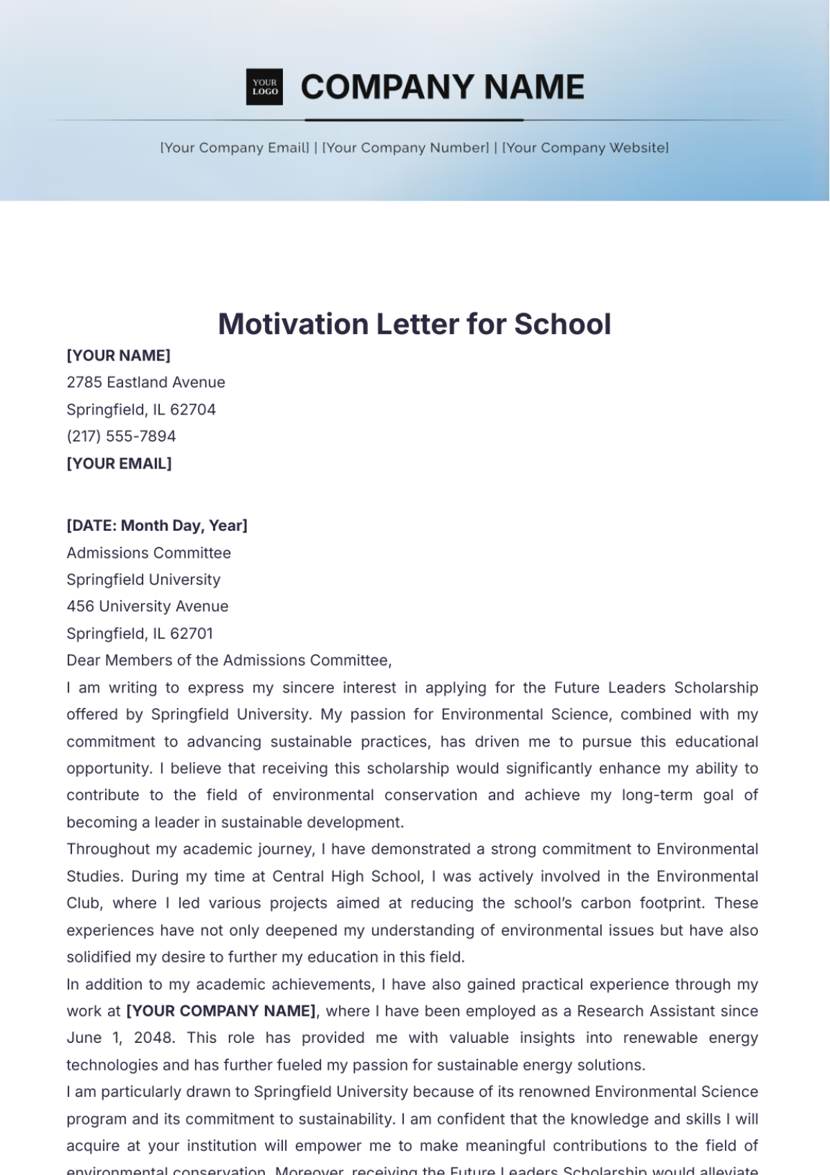 Motivation Letter for School Template - Edit Online & Download