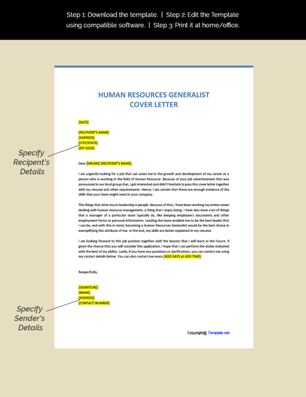 Human Resources Generalist Cover Letter Template
