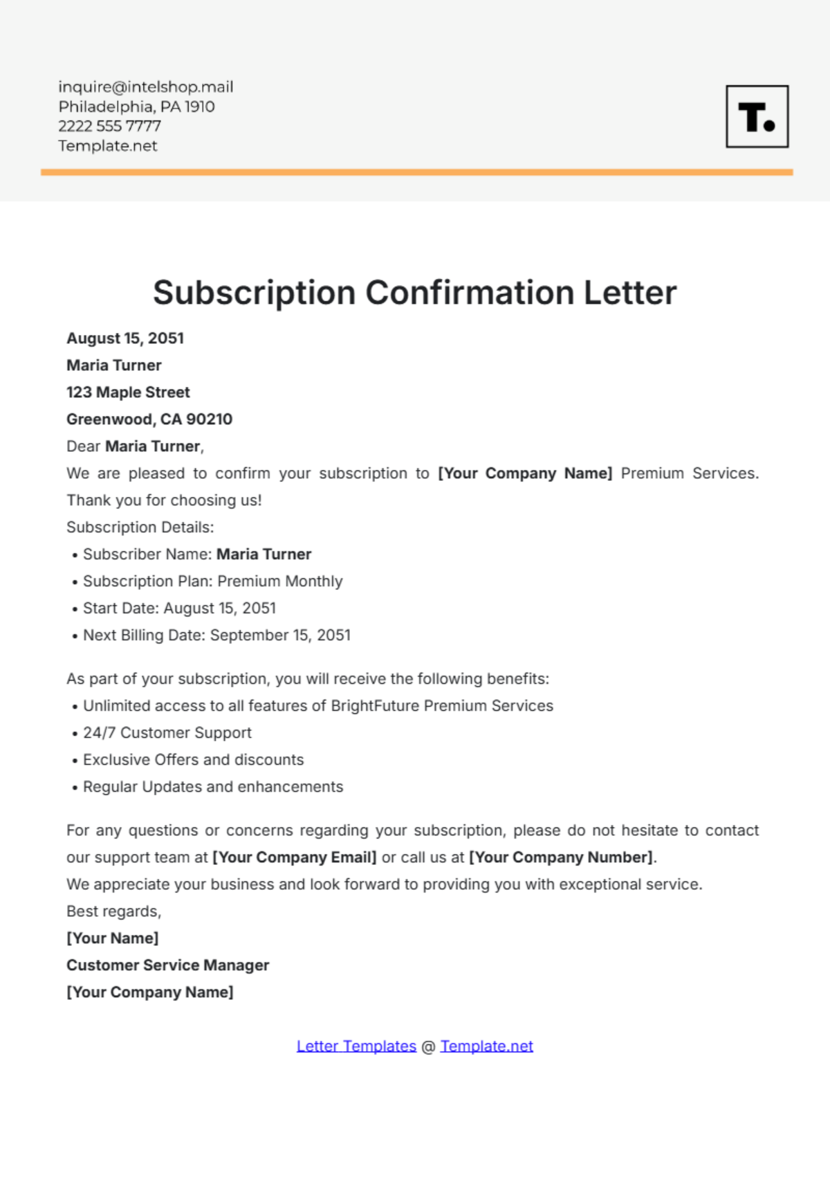 Subscription Confirmation Letter Template - Edit Online & Download