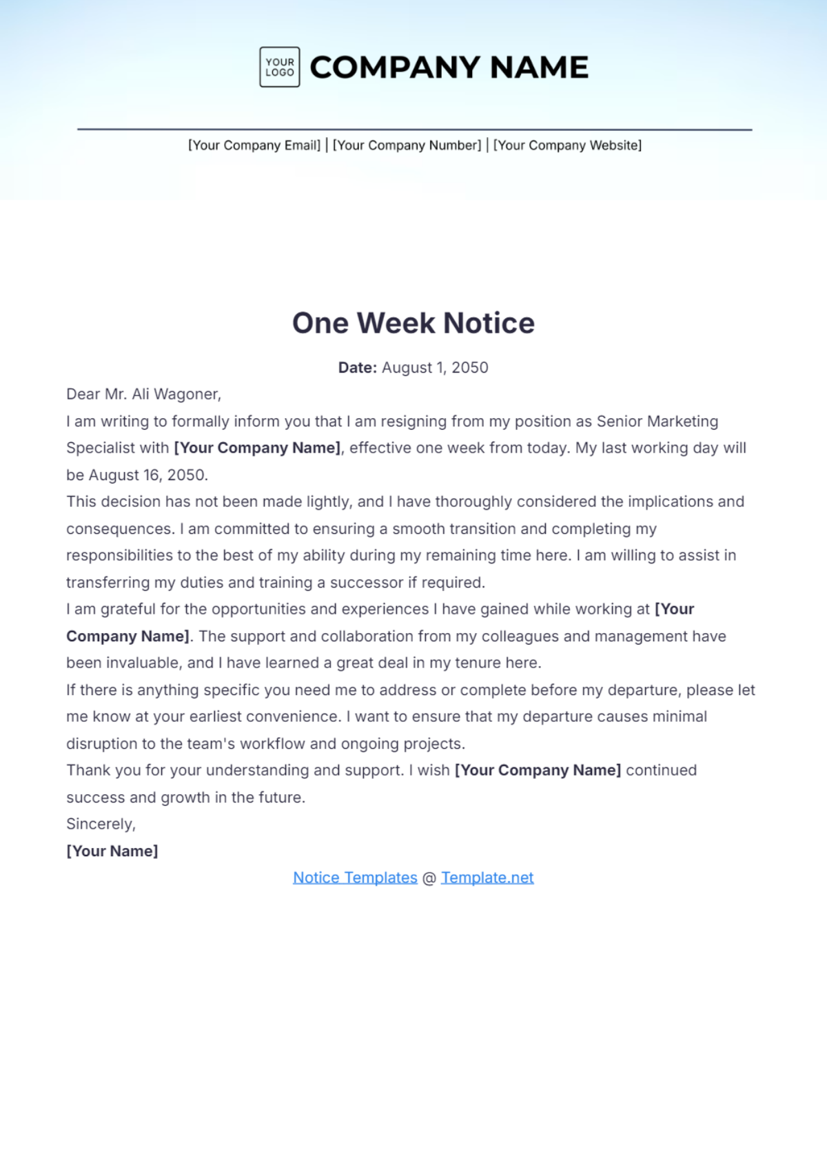 One Week Notice Template - Edit Online & Download