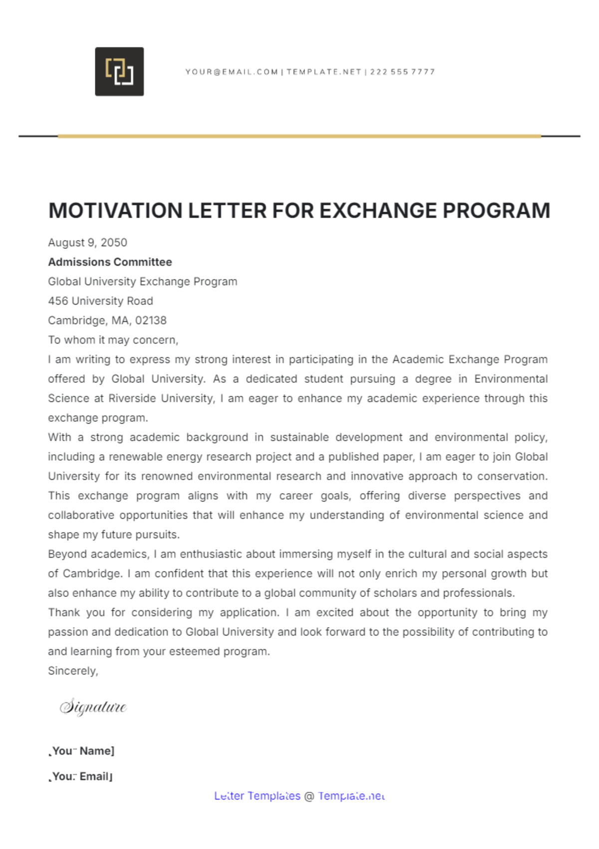 Motivation Letter for Exchange Program Template