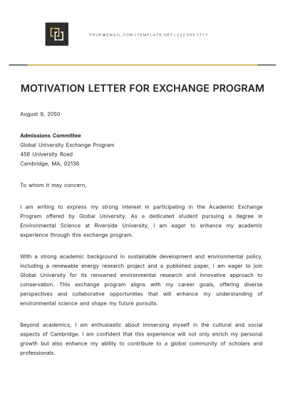 Free Motivation Letter for Exchange Program Template to Edit Online