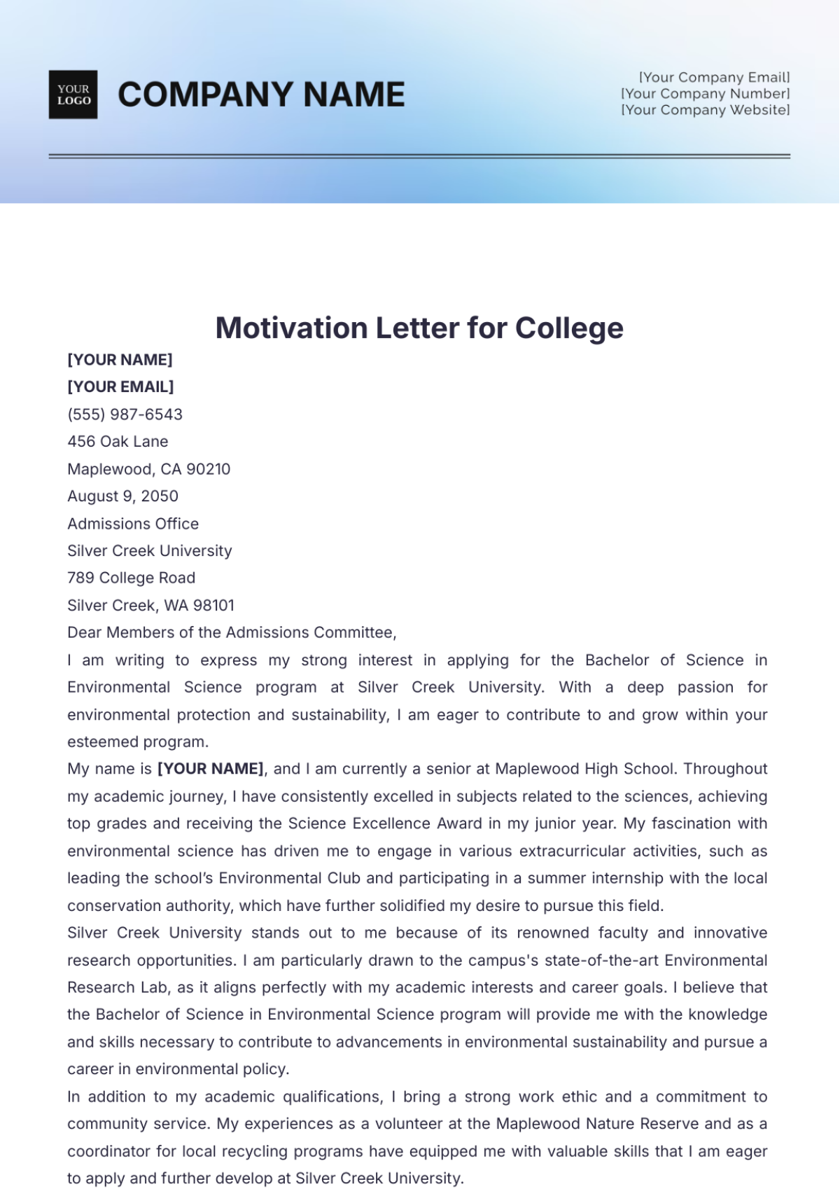 Motivation Letter for College Template - Edit Online & Download