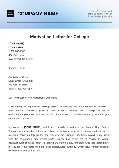 Free Motivation Letter for College Template to Edit Online