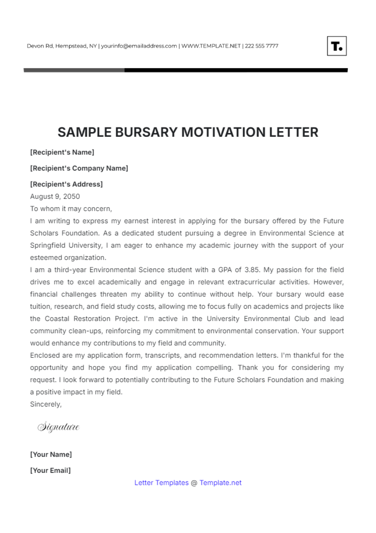 Sample Bursary Motivation Letter Template