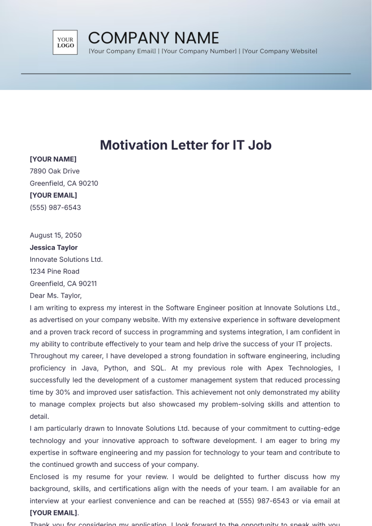 Motivation Letter for IT Job Template - Edit Online & Download